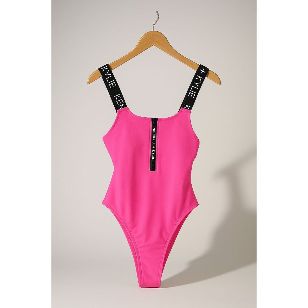 Kendall and Kylie One Piece Swimsuit Women's Medium Neon Pink & Black Call Out - Picture 1 of 16
